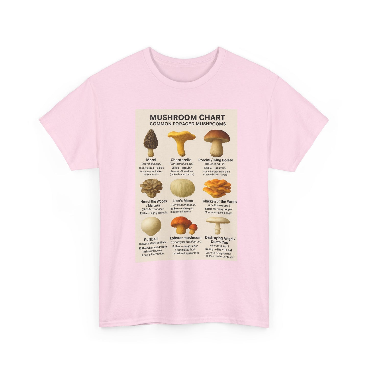 Mushroom Identification Chart Tee for Nature Lovers, Fungi Enthusiasts, Gift for Mycologists, Mushroom Chart T-Shirt, Unisex Cotton Top